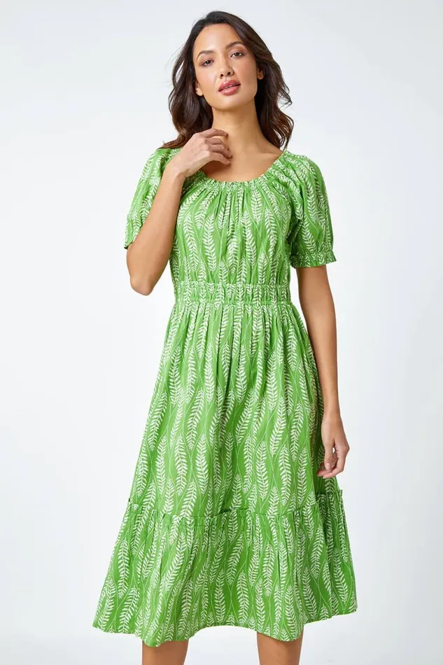 Women Green Leaf Print Stretch Neck Midi Dress Roman Dresses