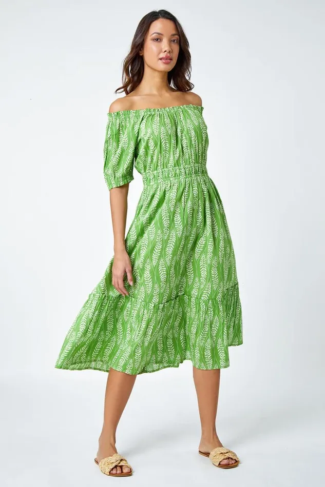 Women Green Leaf Print Stretch Neck Midi Dress Roman Dresses