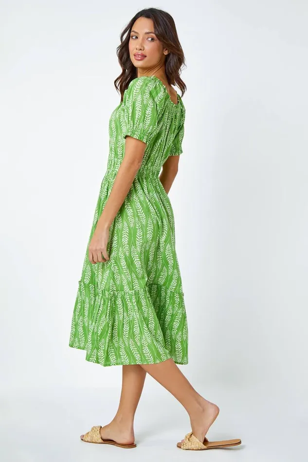 Women Green Leaf Print Stretch Neck Midi Dress Roman Dresses