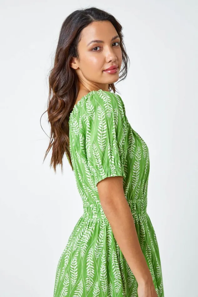 Women Green Leaf Print Stretch Neck Midi Dress Roman Dresses