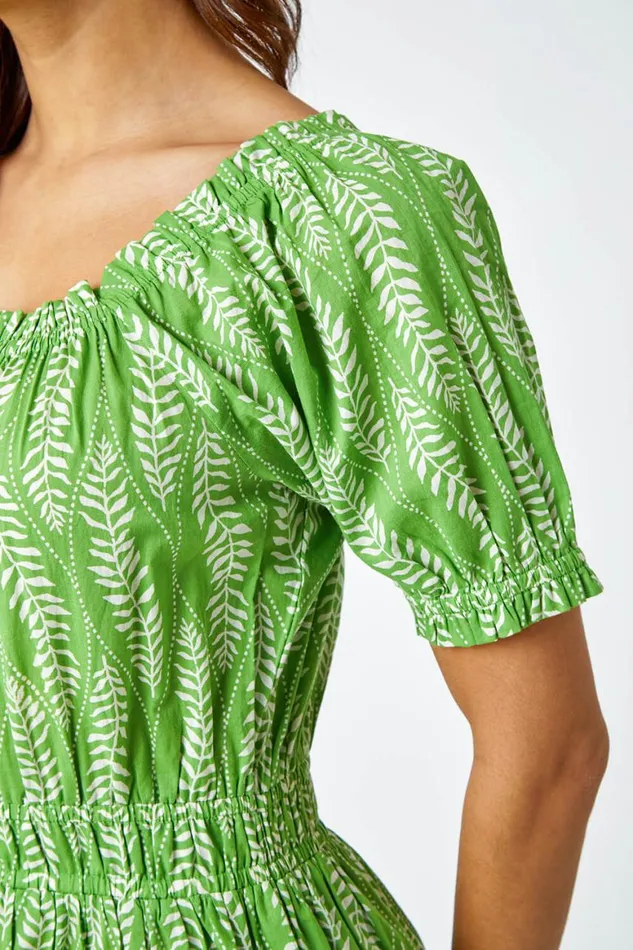 Women Green Leaf Print Stretch Neck Midi Dress Roman Dresses
