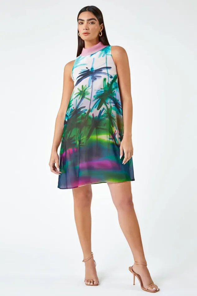 Women Green LIMITED Tropical High Neck Chiffon Shift Dress Roman Dresses