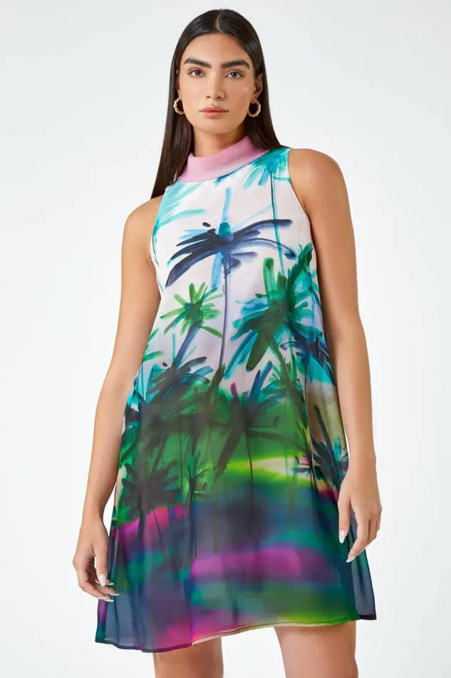 Women Green LIMITED Tropical High Neck Chiffon Shift Dress Roman Dresses