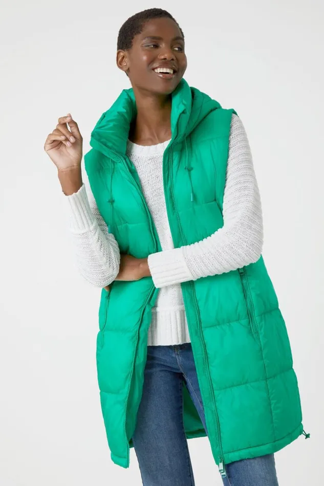 Women Green Padded Longline Hooded Gilet Roman Coats
