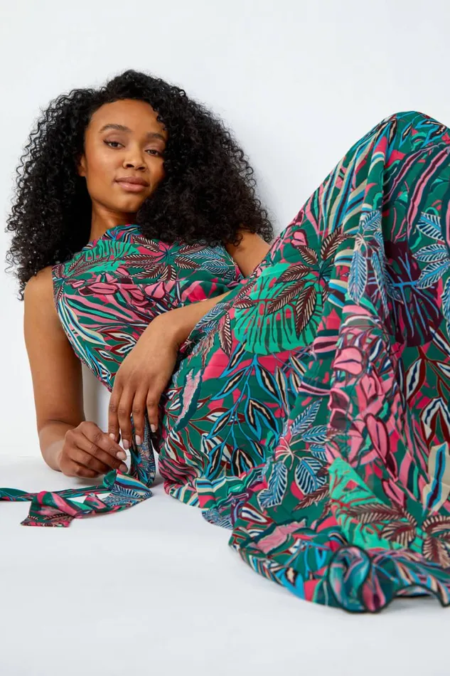 Women Green Petite Floral Pleated Chiffon Maxi Dress Roman Dresses