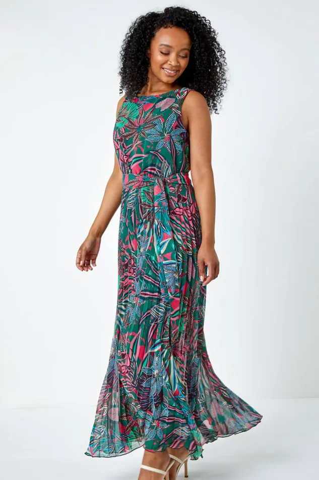 Women Green Petite Floral Pleated Chiffon Maxi Dress Roman Dresses