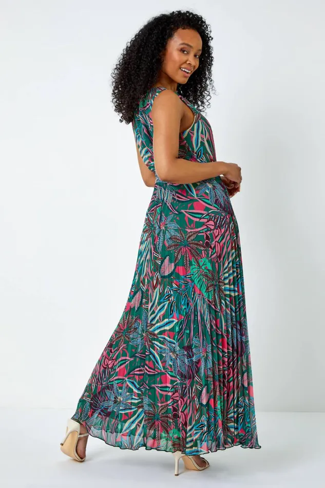 Women Green Petite Floral Pleated Chiffon Maxi Dress Roman Dresses