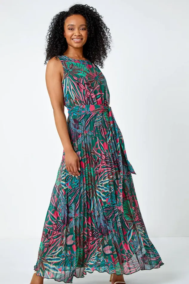 Women Green Petite Floral Pleated Chiffon Maxi Dress Roman Dresses