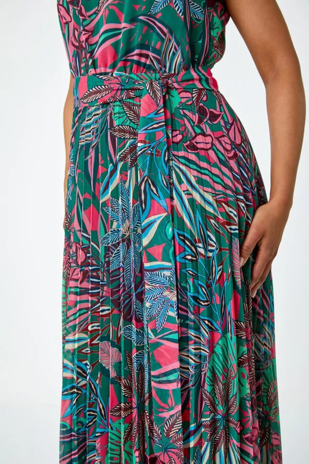 Women Green Petite Floral Pleated Chiffon Maxi Dress Roman Dresses
