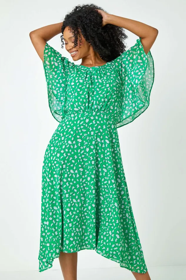 Women Green Petite Floral Print Chiffon Midi Dress Roman Dresses