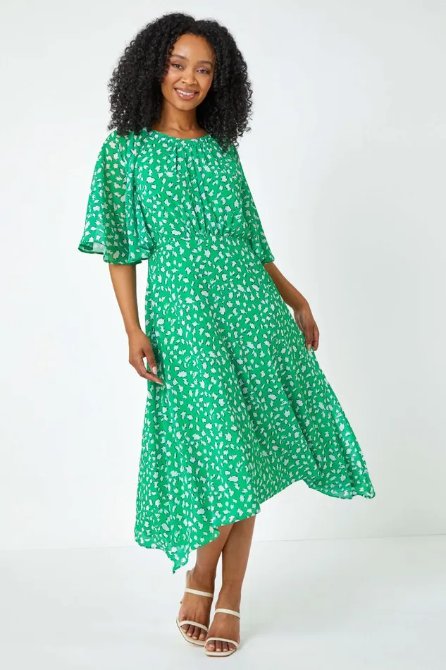 Women Green Petite Floral Print Chiffon Midi Dress Roman Dresses