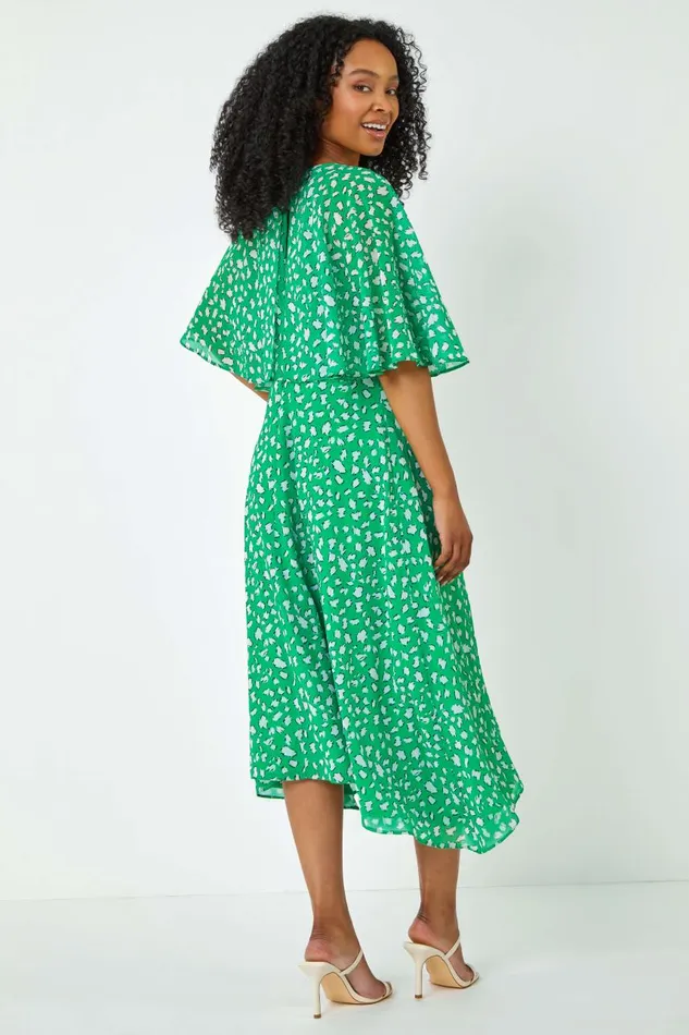 Women Green Petite Floral Print Chiffon Midi Dress Roman Dresses