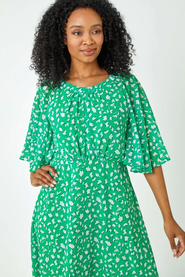 Women Green Petite Floral Print Chiffon Midi Dress Roman Dresses