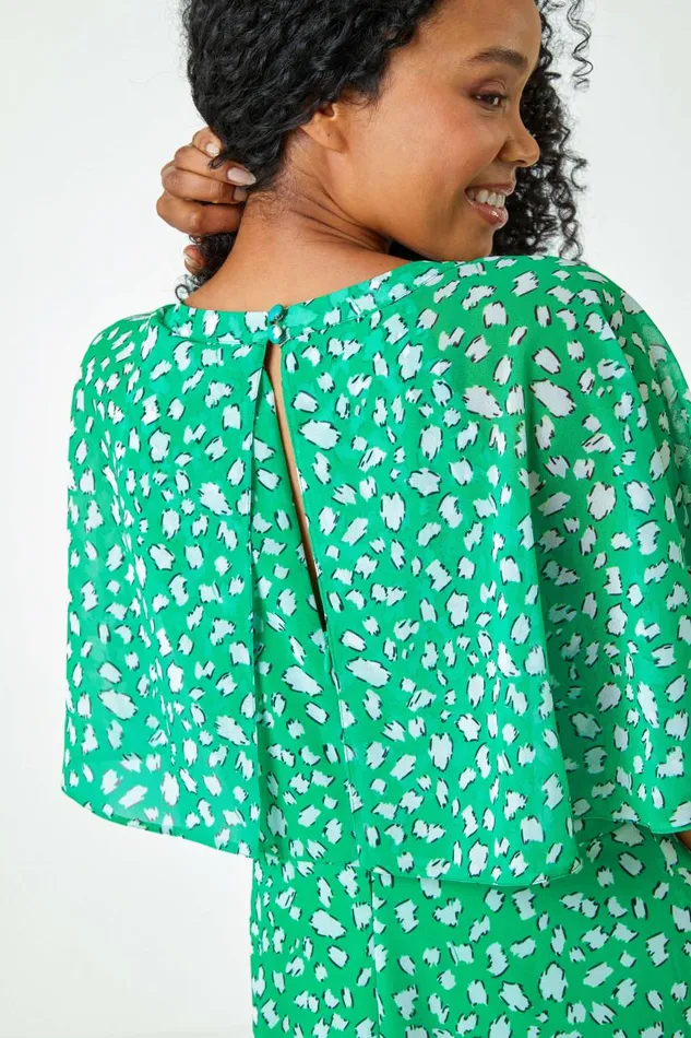 Women Green Petite Floral Print Chiffon Midi Dress Roman Dresses