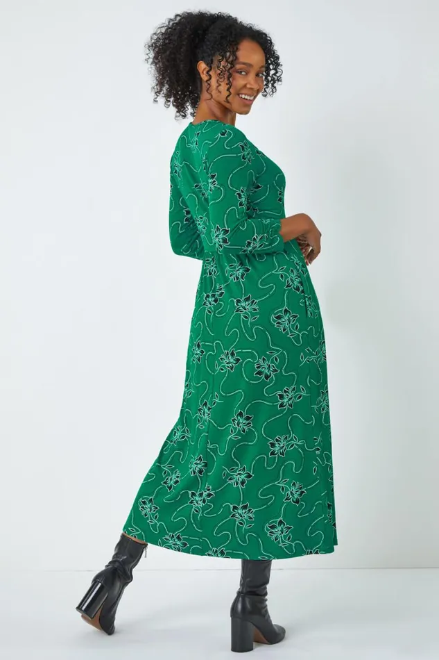 Women Green Petite Floral Print Stretch Midi Dress Roman Dresses
