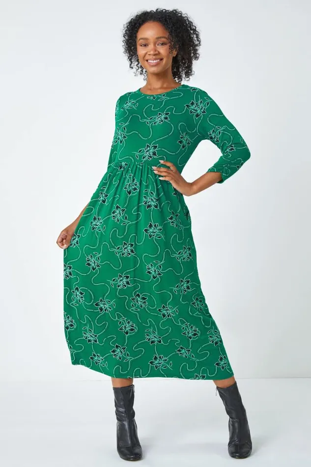 Women Green Petite Floral Print Stretch Midi Dress Roman Dresses