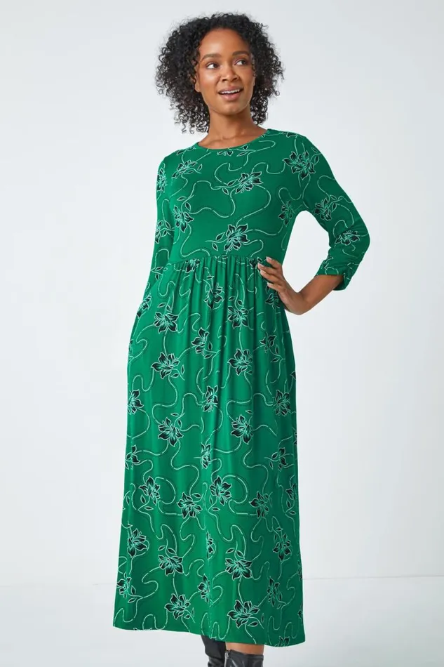 Women Green Petite Floral Print Stretch Midi Dress Roman Dresses