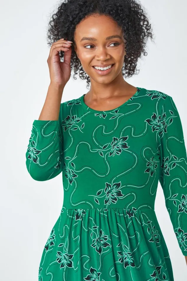 Women Green Petite Floral Print Stretch Midi Dress Roman Dresses