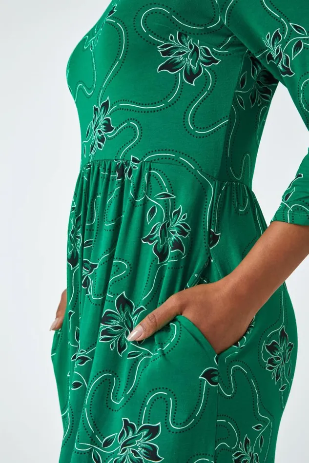 Women Green Petite Floral Print Stretch Midi Dress Roman Dresses