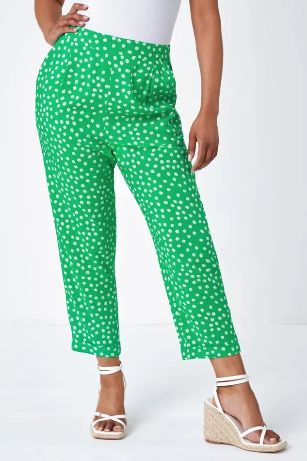 Women Green Petite Floral Tapered Elastic Waist Trouser Roman Trousers