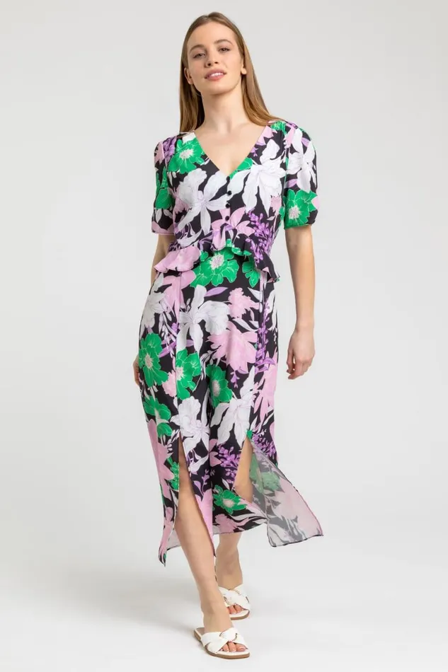 Women Green Petite Frill Waist Floral Midi Dress Roman Dresses