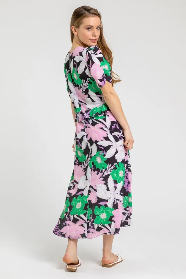 Women Green Petite Frill Waist Floral Midi Dress Roman Dresses