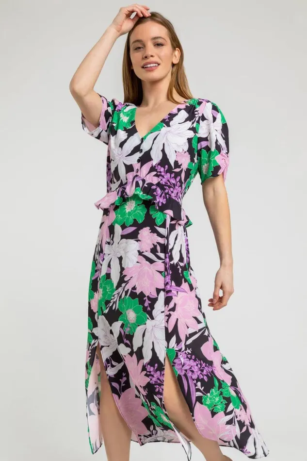 Women Green Petite Frill Waist Floral Midi Dress Roman Dresses