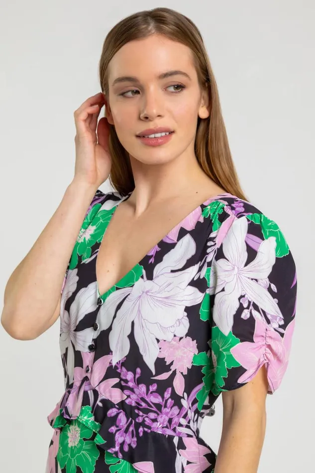 Women Green Petite Frill Waist Floral Midi Dress Roman Dresses