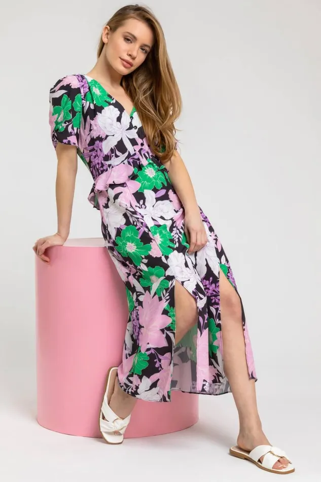 Women Green Petite Frill Waist Floral Midi Dress Roman Dresses