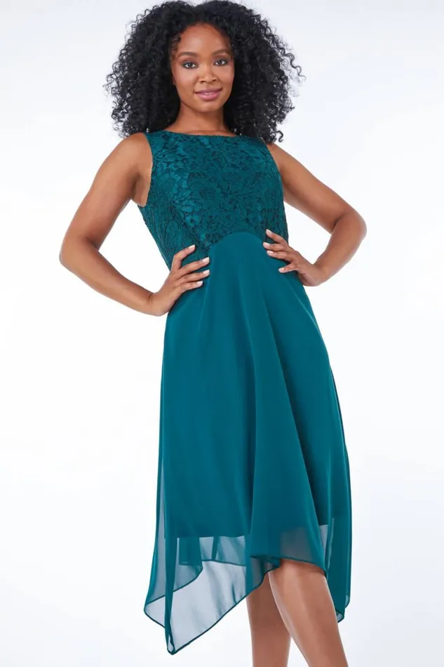 Women Green Petite Lace Bodice Chiffon Dress Roman Dresses