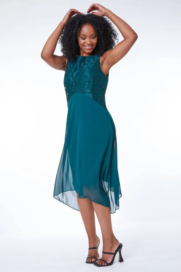 Women Green Petite Lace Bodice Chiffon Dress Roman Dresses