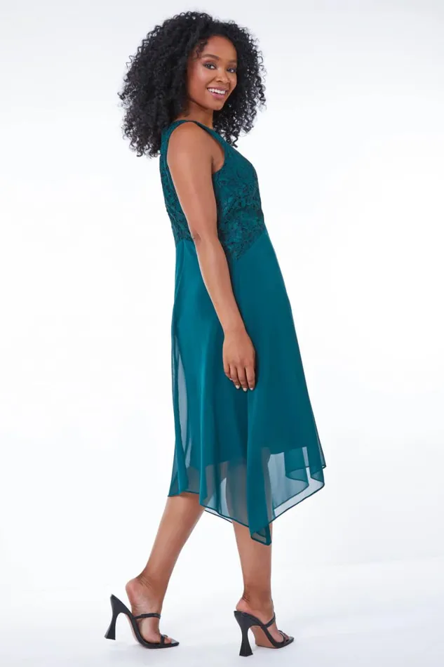 Women Green Petite Lace Bodice Chiffon Dress Roman Dresses