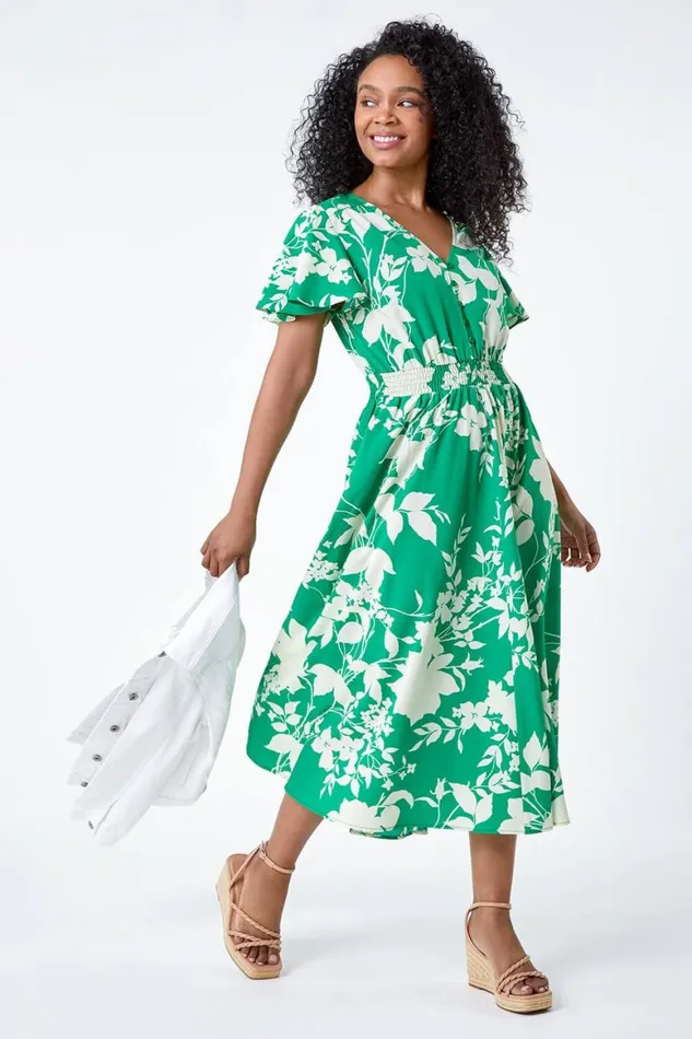Women Green Petite Leaf Print Shirred Midi Dress Roman Dresses