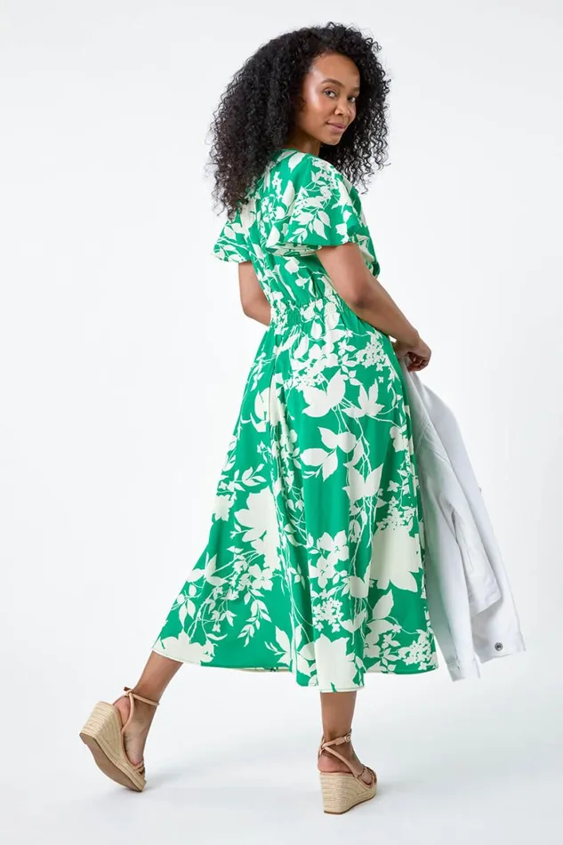 Women Green Petite Leaf Print Shirred Midi Dress Roman Dresses