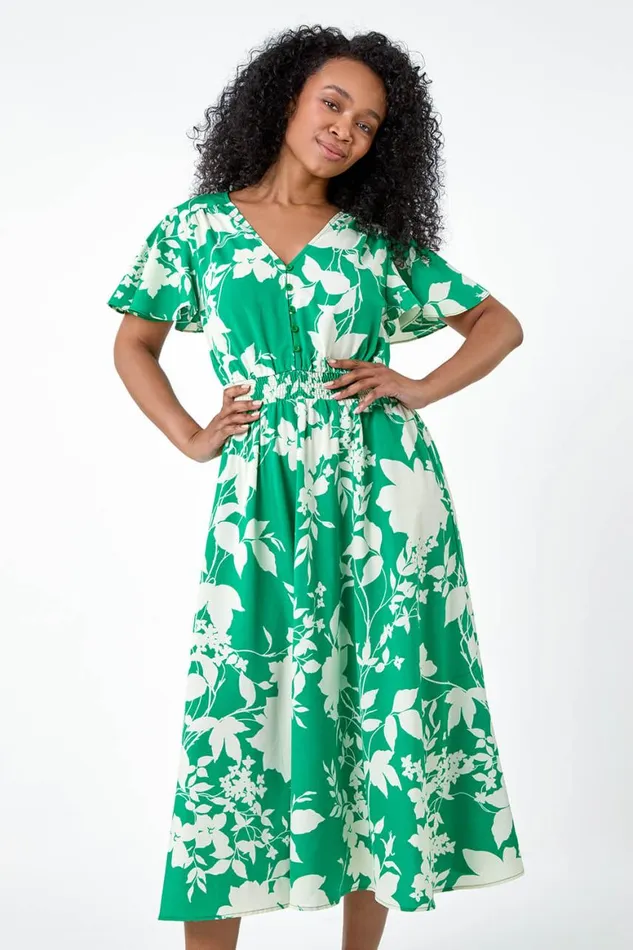 Women Green Petite Leaf Print Shirred Midi Dress Roman Dresses