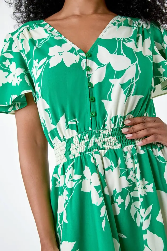 Women Green Petite Leaf Print Shirred Midi Dress Roman Dresses