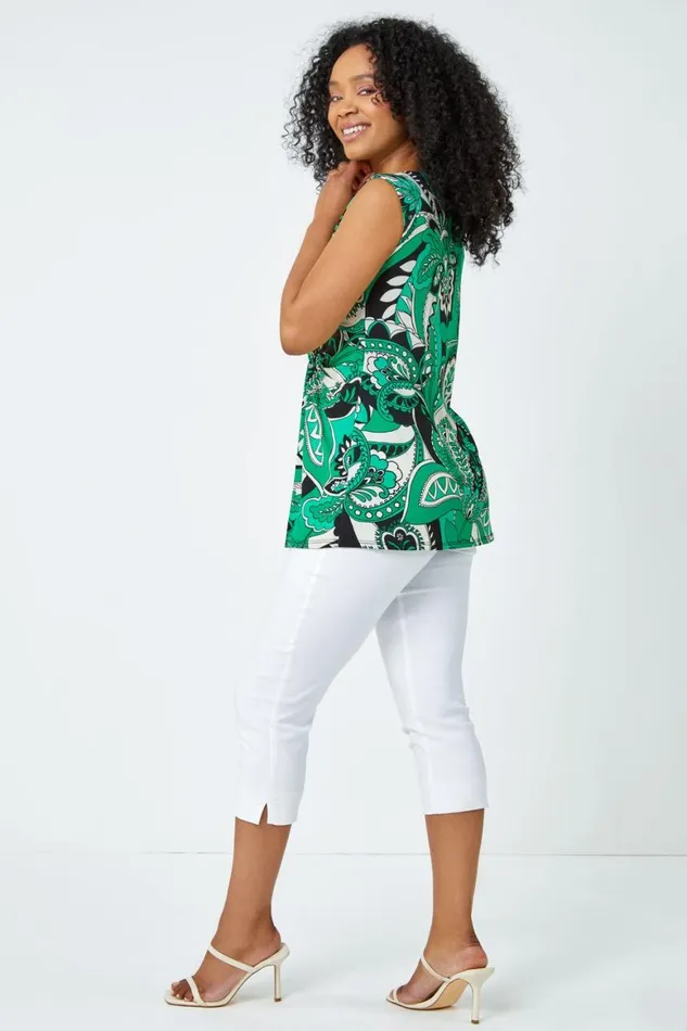 Women Green Petite Paisley Print Twist Stretch Top Roman Tops