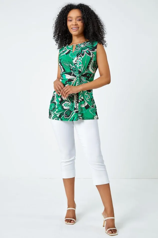 Women Green Petite Paisley Print Twist Stretch Top Roman Tops