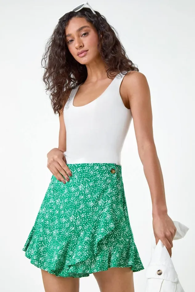 Women Green Polka Dot Frill Detail Wrap Skirt Roman Skirts
