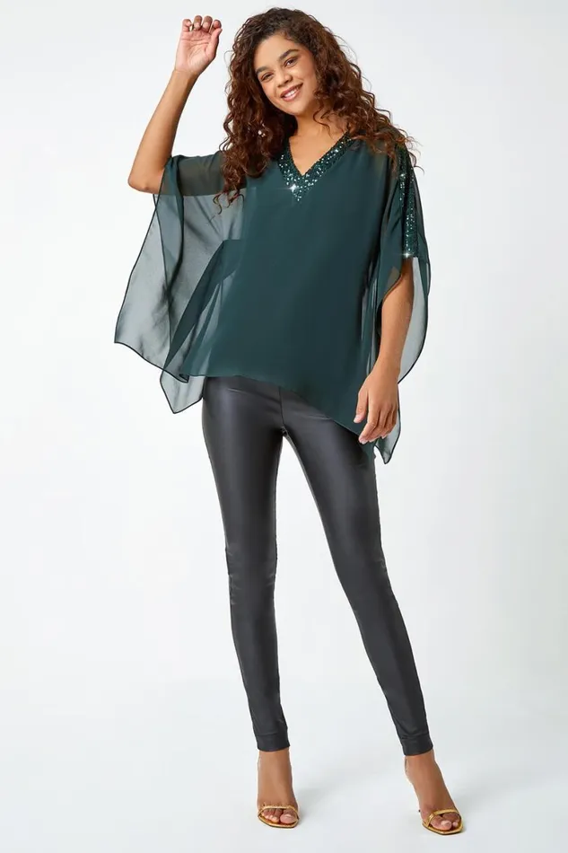 Women Green Sequin Trim Chiffon Overlay Tunic Stretch Top Roman Tops