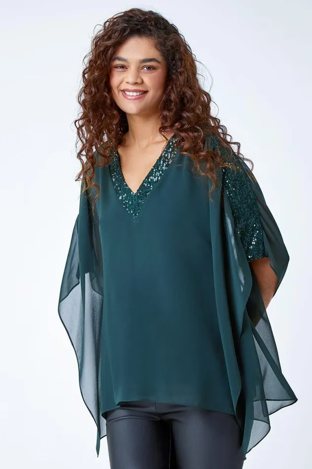 Women Green Sequin Trim Chiffon Overlay Tunic Stretch Top Roman Tops