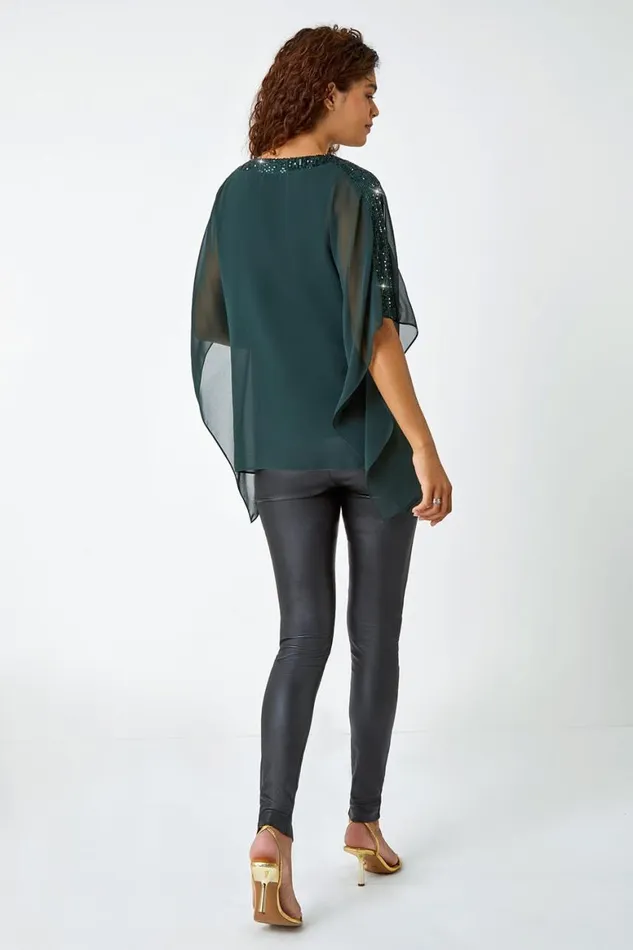 Women Green Sequin Trim Chiffon Overlay Tunic Stretch Top Roman Tops