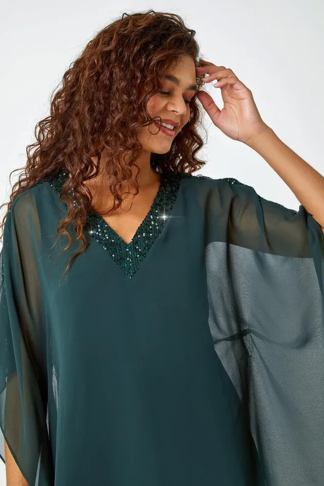 Women Green Sequin Trim Chiffon Overlay Tunic Stretch Top Roman Tops