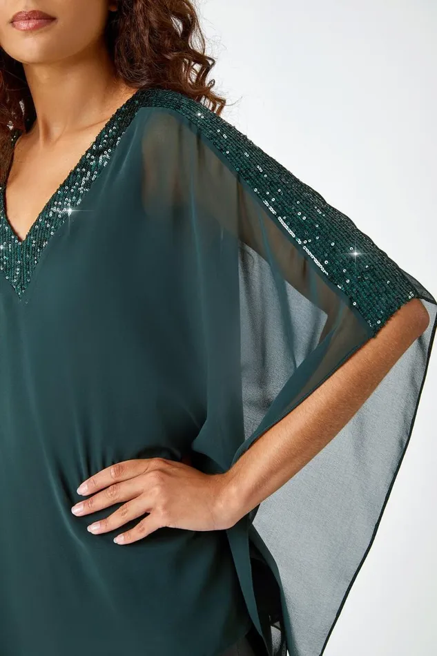 Women Green Sequin Trim Chiffon Overlay Tunic Stretch Top Roman Tops