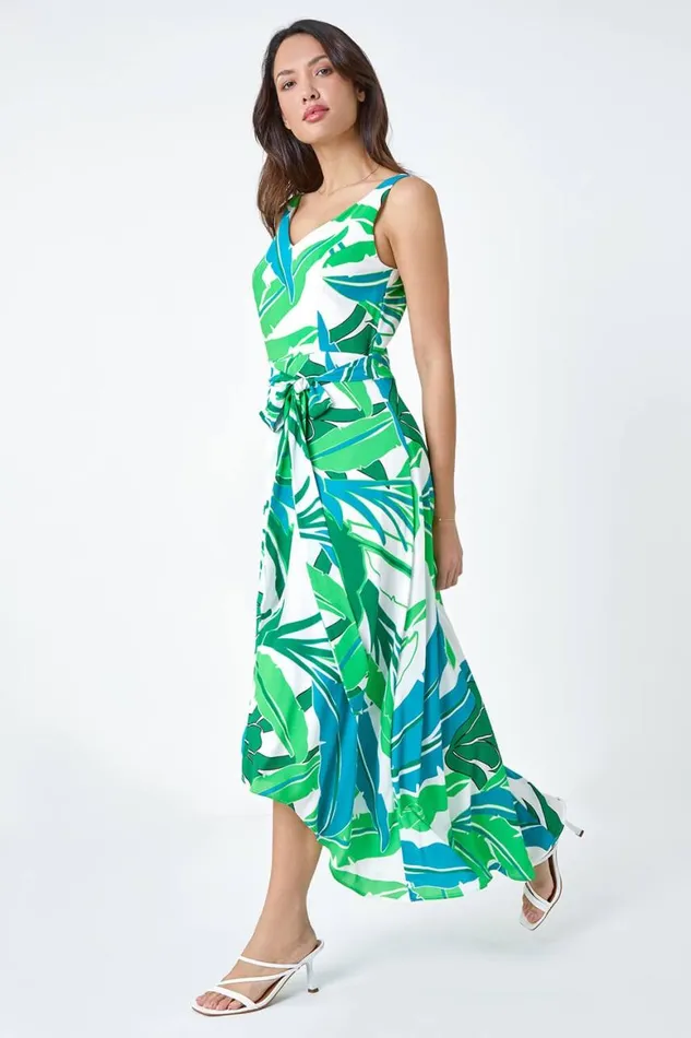 Women Green Sleeveless Palm Print High Low Maxi Dress Roman Dresses