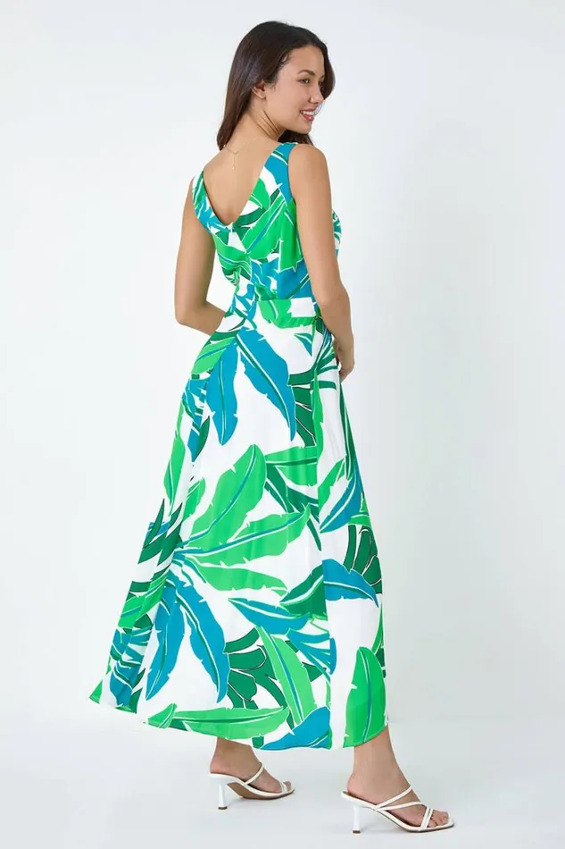 Women Green Sleeveless Palm Print High Low Maxi Dress Roman Dresses