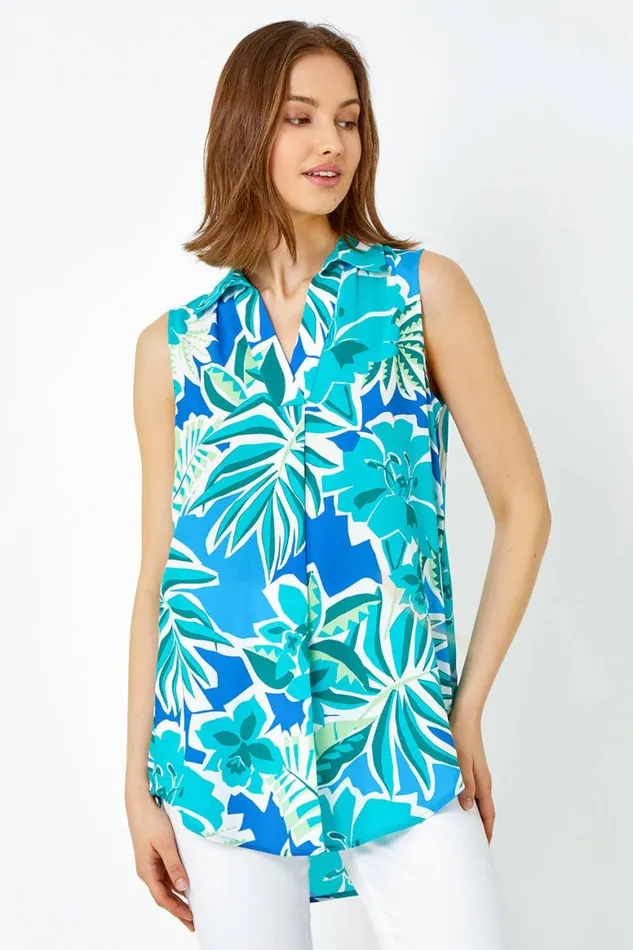 Women Green Sleeveless VNeck Tropical Print Overshirt Roman Tops