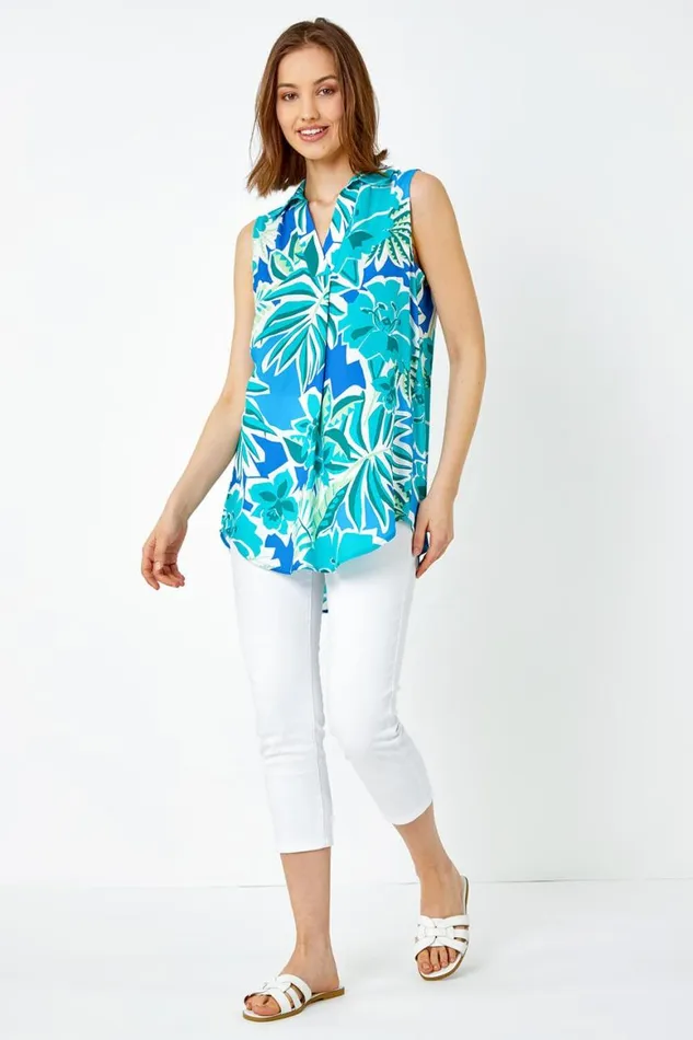 Women Green Sleeveless VNeck Tropical Print Overshirt Roman Tops