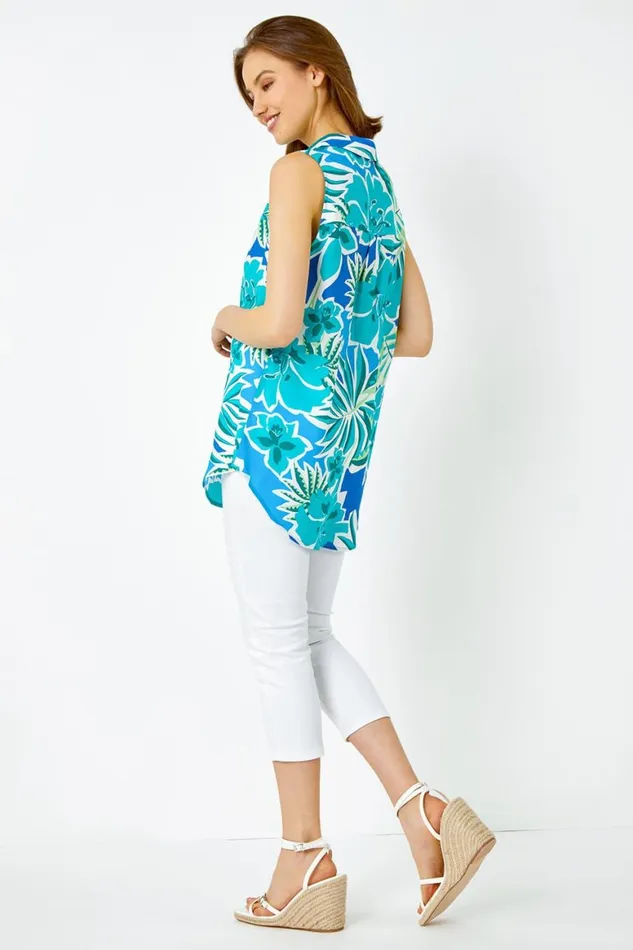 Women Green Sleeveless VNeck Tropical Print Overshirt Roman Tops