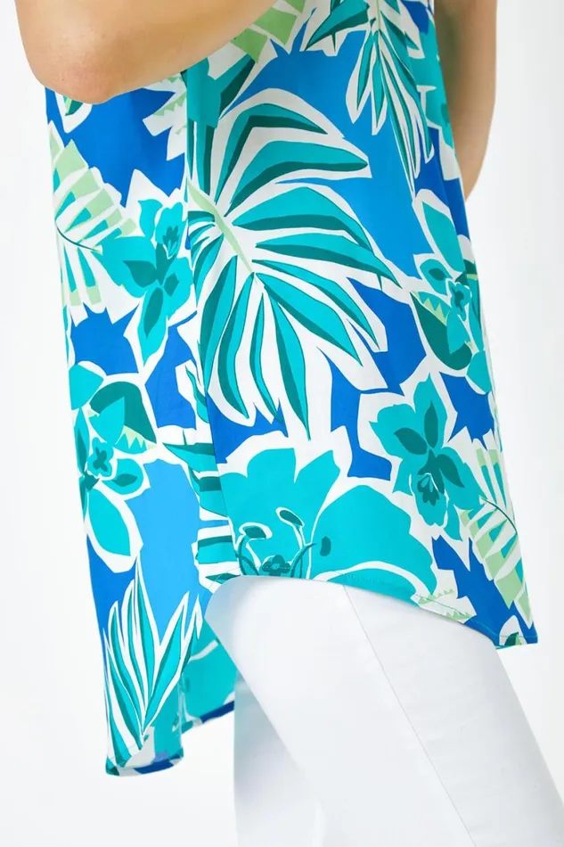 Women Green Sleeveless VNeck Tropical Print Overshirt Roman Tops